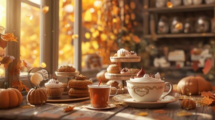 Fototapeta premium Cozy autumn caf?(C) scene with warm drinks and pastries