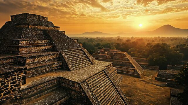 A majestic pyramid stands tall at sunset, overlooking a lush landscape in Mexico