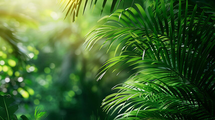 Fototapeta premium Lush green palm leaves in the jungle with a blurred background. The sun shines through the leaves.