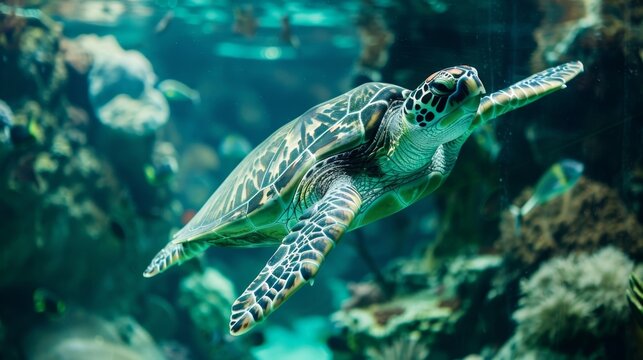 The intricate patterns on a sea turtles shell as it swims past the glass wall of the large tank.