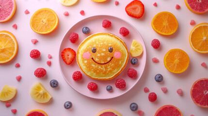 A cheerful pancake with a cute smiling face sits at the center of a pink plate, surrounded by fresh fruit slices and berries. The playful presentation adds charm to this colorful breakfast setting.