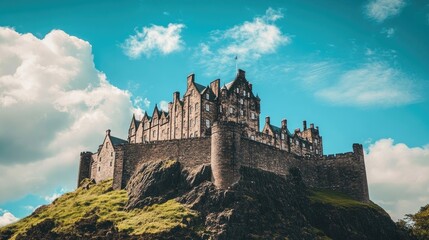 Majestic castle on a hill under a bright blue sky