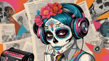 colorful sugar skull girl listens to music,generative ai,generative,ai