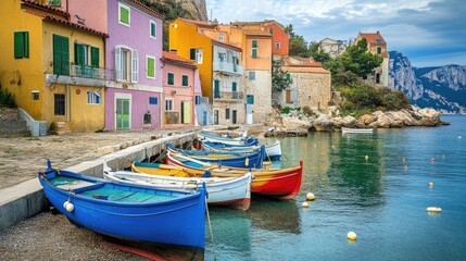 Fototapeta premium Picturesque fishing village with colorful boats and fresh catch of the day