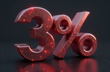 Glowing three percent sign with red sparkles on dark background for creative financial design