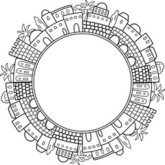 Linear drawing of ancient fortress city panoramic facade frame. Use as template copy space for greeting, invitation, religious and historical city events