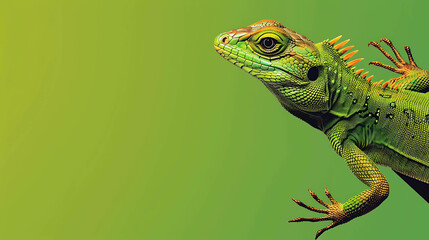 Naklejka premium A green iguana is sitting on a branch. The iguana is looking in the distance. The background is blurred.