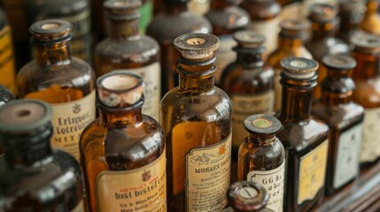 A collection of antique medicine bottles showcasing the development of pharmaceuticals and their packaging throughout the years.