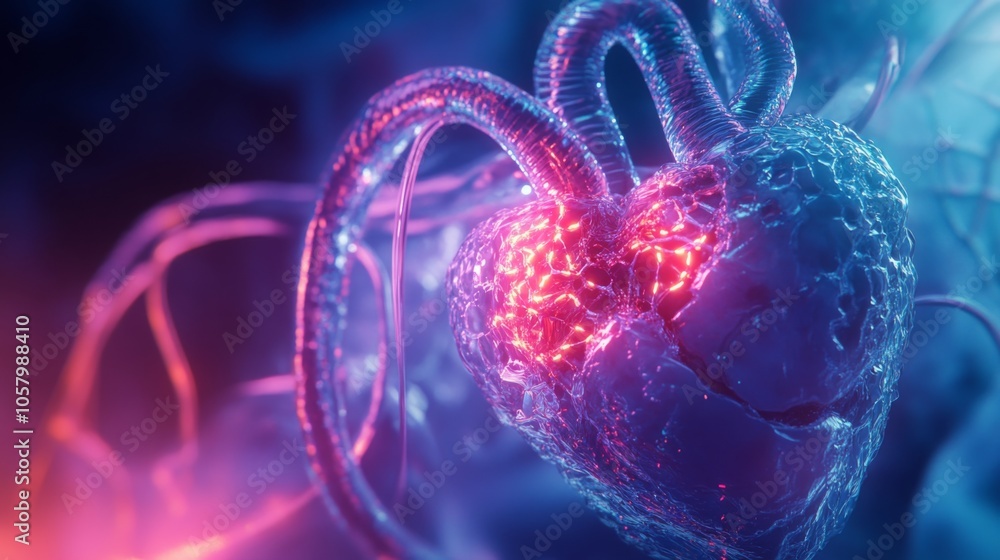 Poster This vivid representation showcases a detailed heart structure with glowing elements, intertwined with dynamic strands, creating a captivating digital artwork that emphasizes both energy and emotion.