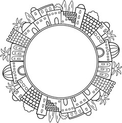 Linear drawing of biblical township panoramic housing facade frame. Use as template copy space for greeting, invitation, religious historical and architecture events