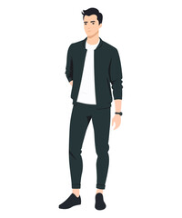 Vector illustration. Young guy in a dark gray suit and white T-shirt. An image that combines style and comfort.