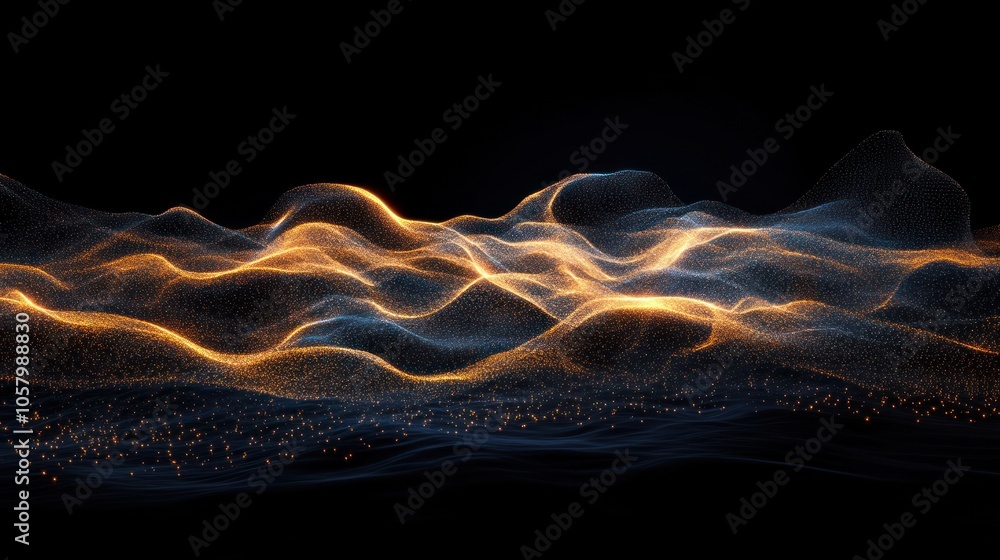 Poster abstract waves of light and particles create a dynamic visual effect against a dark background.