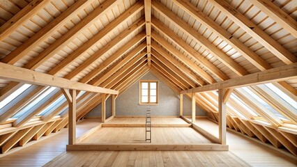Minimalist attic framework made of wooden roof beams