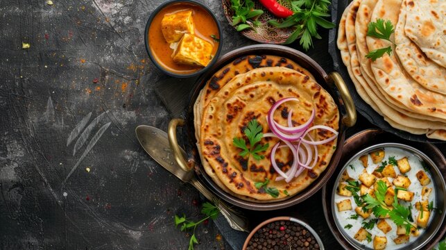 Homemade Kerala wheat paratha or layered parotta served with Paneer curry