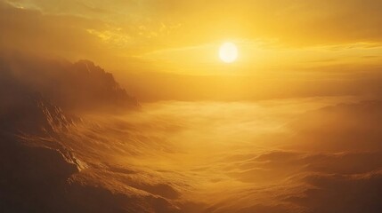 Stunning sunrise casting golden light over a misty landscape