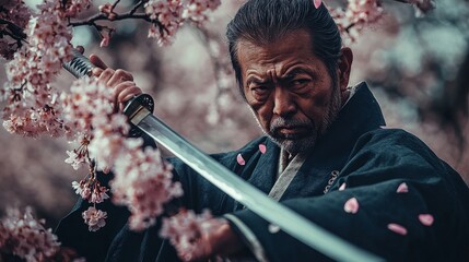 Standing beneath a cherry blossom tree, a middle-aged Japanese samurai in a robe and brandishing a sword uses a knife to cut off petals.