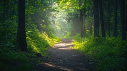 Tranquil forest path illuminated by soft sunlight filtering through trees
