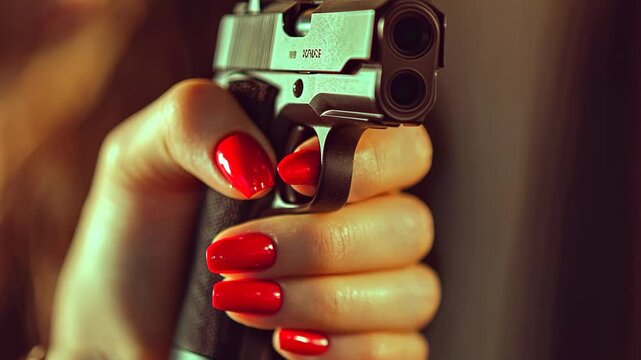 A woman holds a handgun in her hand, with red nail polish