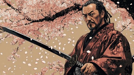 Standing beneath a cherry blossom tree, a middle-aged Japanese samurai in a robe and brandishing a sword uses a knife to cut off petals.