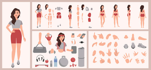 Fitness sport woman constructor suitable for animation. Generator of diverse eyes, lips, emotion expressions mouth animation and lip sync. Yoga woman character face and body construction.
