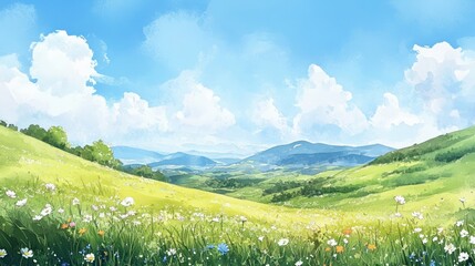 A vibrant landscape featuring rolling hills, wildflowers, and a bright blue sky.