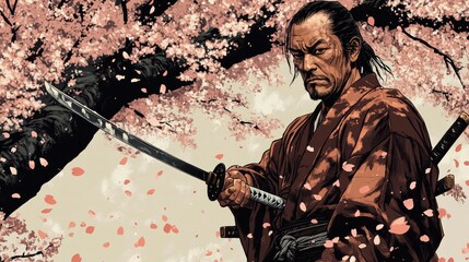 Standing beneath a cherry blossom tree, a middle-aged Japanese samurai in a robe and brandishing a sword uses a knife to cut off petals.