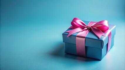 Obraz premium Minimalist blue gift box with pink decorative ribbon bow