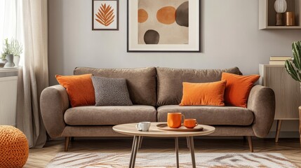 Cozy Living Room with Orange Accents and Modern Artwork
