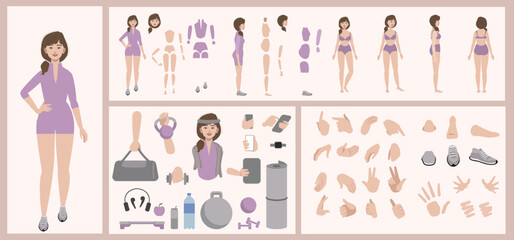 Fitness sport woman constructor suitable for animation. Generator of diverse eyes, lips, emotion expressions mouth animation and lip sync. Yoga woman character face and body construction.