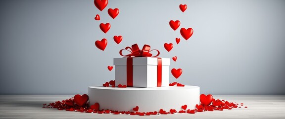 Romantic gift box with red hearts on white pedestal for special occasions