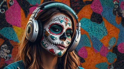 colorful sugar skull girl listens to music,generative ai,generative,ai