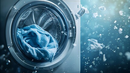 A commercial advertisement style image of a washing machine with floating laundry.