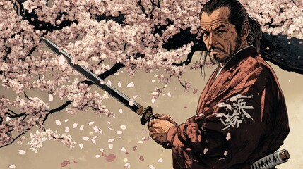 Standing beneath a cherry blossom tree, a middle-aged Japanese samurai in a robe and brandishing a sword uses a knife to cut off petals.