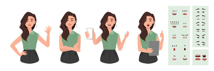 Fototapeta premium Business office woman constructor suitable for animation. Generator of diverse eyes, lips, emotion expressions mouth animation and lip sync. Young woman character face and upper body construction.