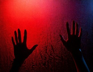 Dark, dramatic, atmospheric closeup of condensation forming on window glass surface; fog droplets gathering with precision, reflecting ominous tones. Overhead red light casting glow, amplifies misty s