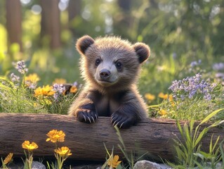 Fototapeta premium A young grizzly bear cub resting on a log amidst colorful wildflowers.