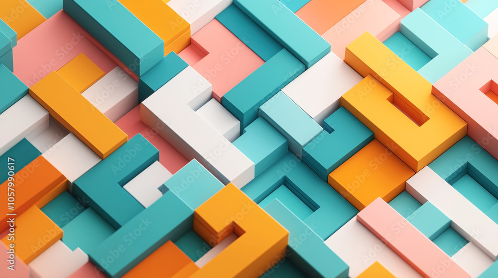 Wall mural abstract geometric pattern with stacked rectangular blocks in teal, orange, and pink hues, creating 