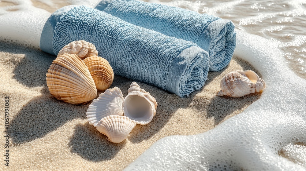 Poster relaxing beach essentials with soft towels and shells