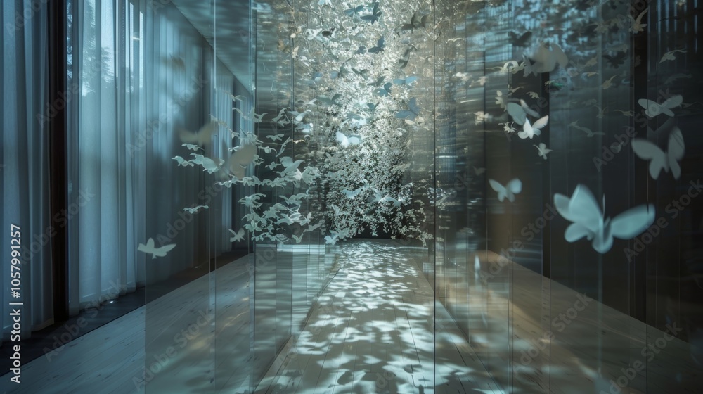 Poster the room is filled with the soft sound of bird calls creating a tranquil and immersive experience.