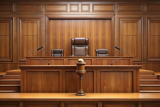 Minimalist courtroom interior with judgment gavel on desk