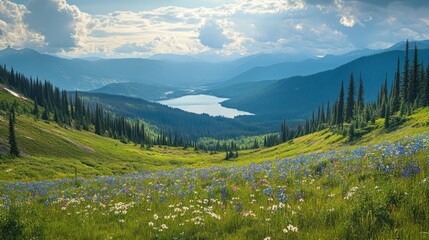 Fototapeta premium Mountain View with Blooming Wildflowers