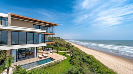 Obraz premium A large house with a pool and a beach in the background