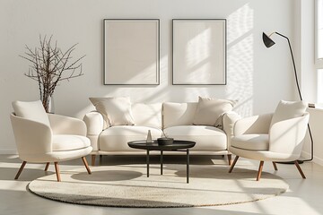 Modern Interior of Stylish Living Room ,Wall Mock Up, Frame , Poster with Beautiful Background, 3d render