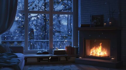 Cozy warm room with fireplace and window overlooking snowy winter night  
Seamless looping 4k time-lapse virtual video animation Generated AI
