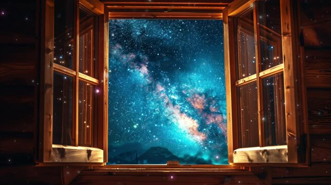 Rustic wooden window with a breathtaking galaxy view at night  
Seamless looping 4k time-lapse virtual video animation Generated AI