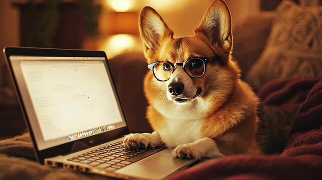 A corgi wearing glasses sits on a couch and uses a laptop