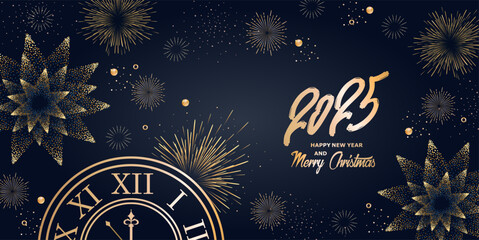 2025 new year. Horizontal christmas banner. Golden clock and fireworks. Vector illustration