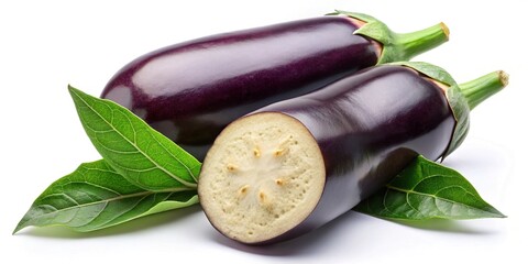 Minimalist fresh organic eggplant cut in half sliced with leaves isolated on white background with clipping path