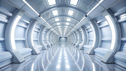 Naklejka premium Minimalist futuristic white corridor tunnel in spaceship or futuristic building