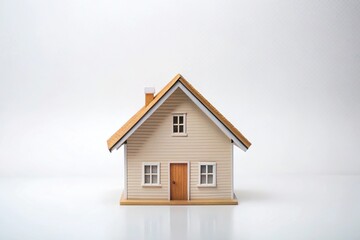 Minimalist gable roof house design over white background with reflection